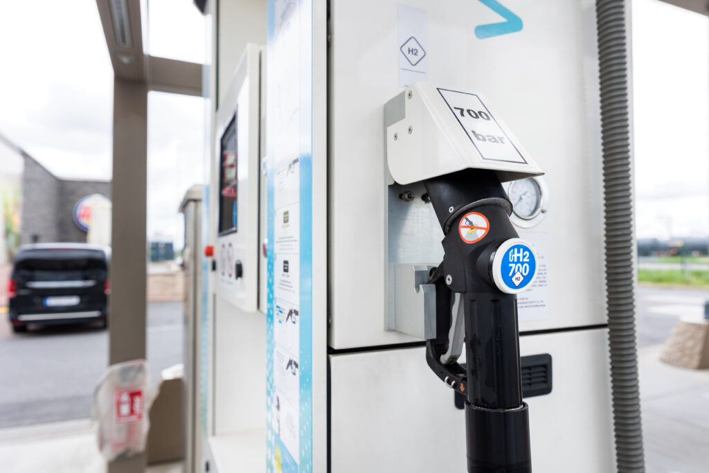 Close-up detail view of hydrogen fuel filler nozzle nozzle adapter car H2 gas filling station in Germany. Refueling vehicle with renewable innovative zero emission product. Future safety technology